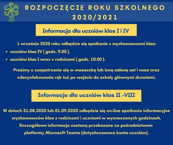 Grafika #0: ROZPOCZĘCIE ROKU SZKOLNEGO 2020/2021 - INFORMACJA DLA RODZICÓW grafika