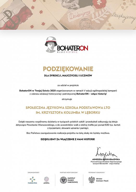 Podziękowanie dla SJSP za udział w akcji BohaterON w Twojej Szkole 2020 grafika