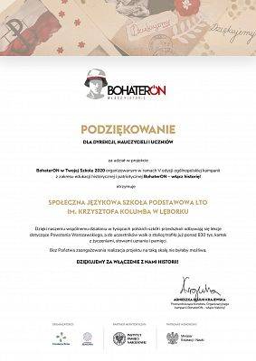 Podziękowanie dla SJSP za udział w akcji BohaterON w Twojej Szkole 2020
