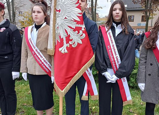 Poczet sztandarowy SJSP pod Obeliskiem Niepodległości na Skwerze Orła Białego w Lęborku - fotorelacja grafika
