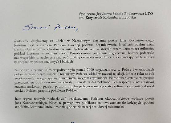 Podziękowanie od Prezydenta RP za udział w Narodowym Czytaniu 2025 grafika