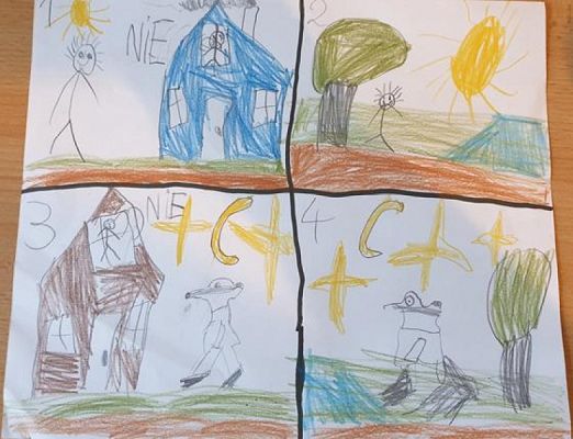  Grafika #0: Komiks o spotkaniu krasnala z borsukiem w wykonaniu uczniów klasy Ib podczas zajęć online grafika