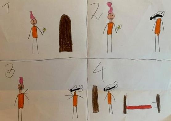  Grafika #1: Komiks o spotkaniu krasnala z borsukiem w wykonaniu uczniów klasy Ib podczas zajęć online grafika