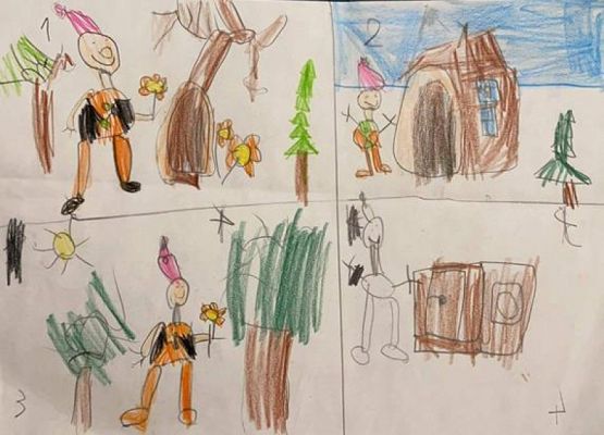  Grafika #2: Komiks o spotkaniu krasnala z borsukiem w wykonaniu uczniów klasy Ib podczas zajęć online grafika