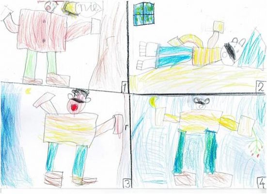  Grafika #3: Komiks o spotkaniu krasnala z borsukiem w wykonaniu uczniów klasy Ib podczas zajęć online grafika