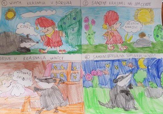  Grafika #5: Komiks o spotkaniu krasnala z borsukiem w wykonaniu uczniów klasy Ib podczas zajęć online grafika