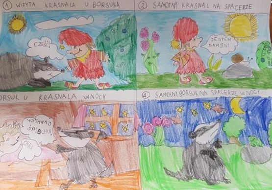  Grafika #5: Komiks o spotkaniu krasnala z borsukiem w wykonaniu uczniów klasy Ib podczas zajęć online grafika