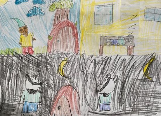  Grafika #6: Komiks o spotkaniu krasnala z borsukiem w wykonaniu uczniów klasy Ib podczas zajęć online grafika