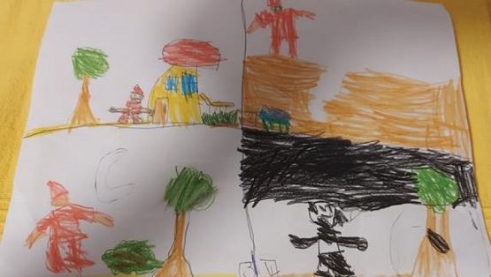  Grafika #7: Komiks o spotkaniu krasnala z borsukiem w wykonaniu uczniów klasy Ib podczas zajęć online grafika