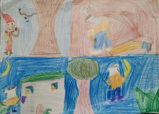  Grafika #8: Komiks o spotkaniu krasnala z borsukiem w wykonaniu uczniów klasy Ib podczas zajęć online grafika